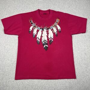 Vintage Native American Shirt XL Pink 90s Single Stitch Feathers Tee Made In USA